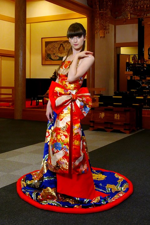 Kimono Dress Red-Blue Uchikake [Crane,Floral]